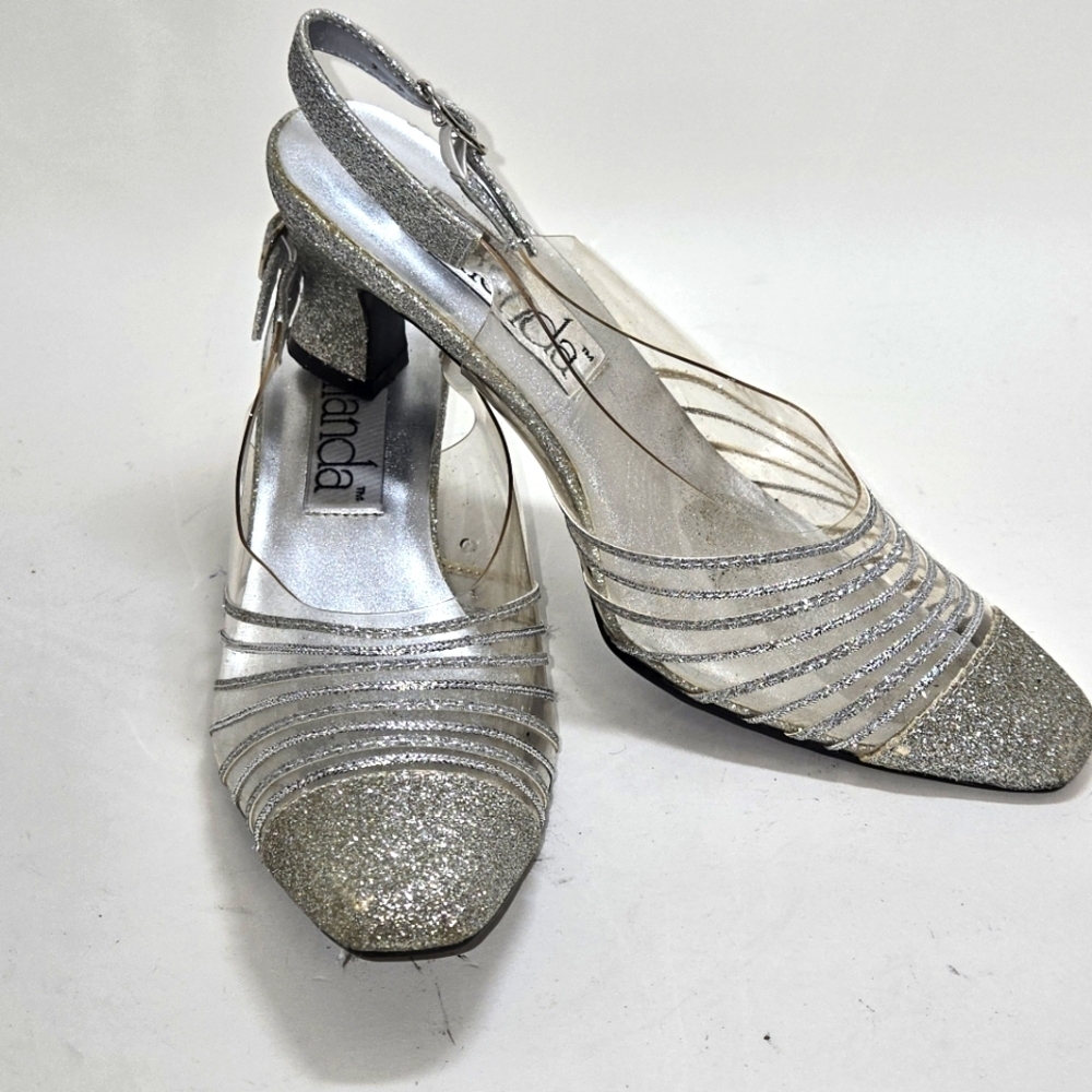Vintage Amanda Women's Shoes Cancun Silver Glitter Heels Size 8.5 Party Shoe